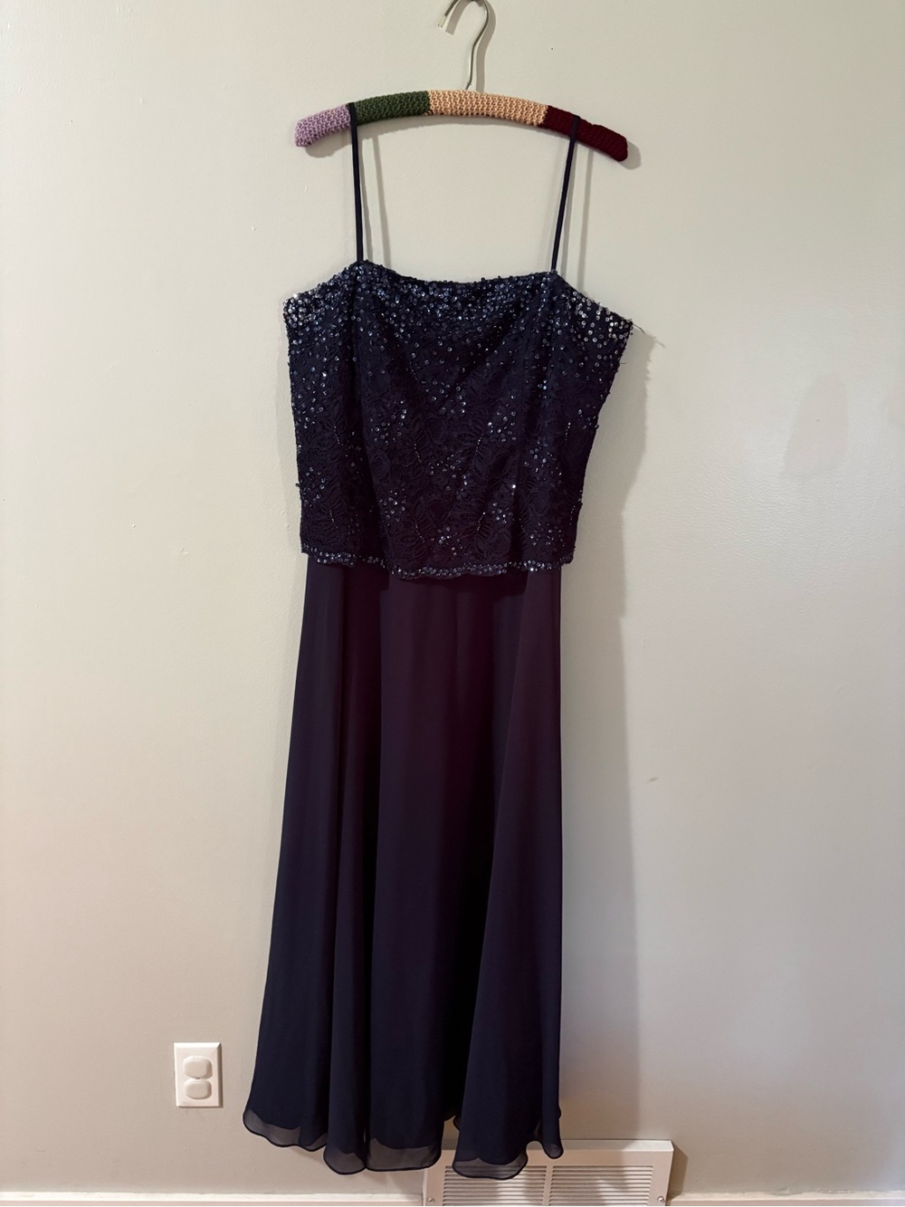 Karen Miller Beaded Spaghetti-Strap Navy Maxi Dress